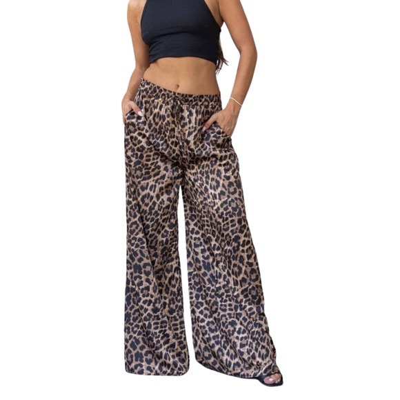 Pants - Wide Leg Satin Leopard Print Dressy Pants
